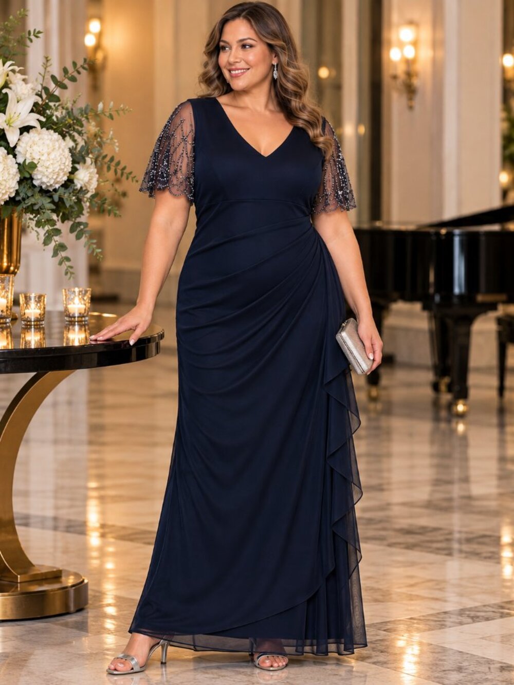 XSCAPE Plus Navy Beaded Flutter Sleeve Ruched Long Formal Evening Gown 18W NWT